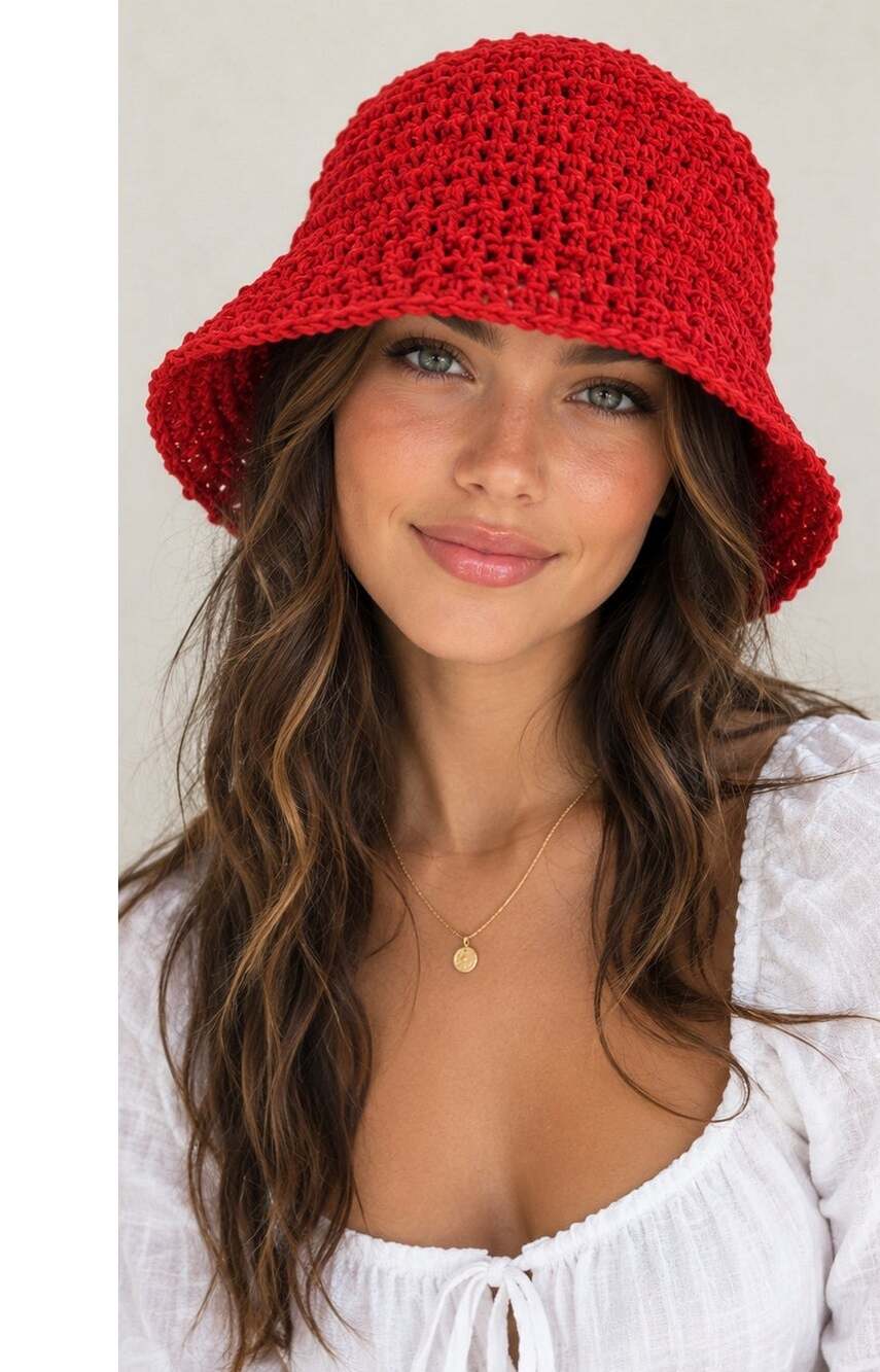 Red Crochet Bucket Hat Open Knit Boho Y2K Summer Festival Beach Unbranded